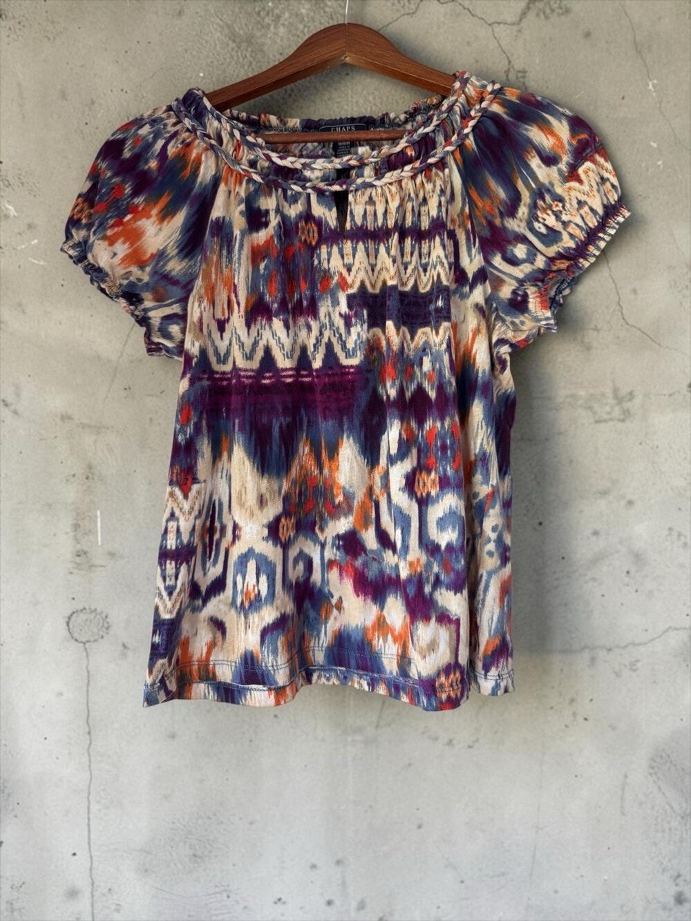 Chaps Denim Women Abstract Puff Sleeve Blouse Braided Neck Size M Tribal Boho
